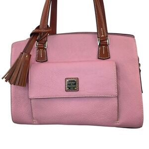 Dooney & Bourke Pink Pebbled Leather Shoulder Bag Brown Trim Tassel Logo Purse